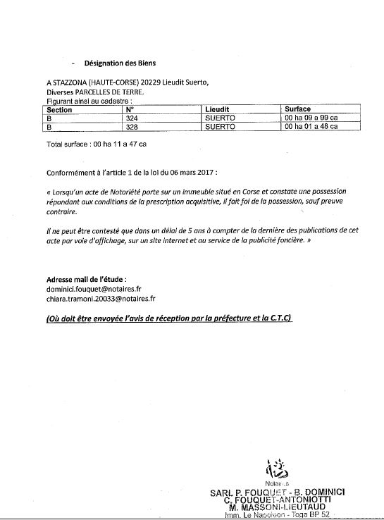 Avis de création de titre de propriété - Commune d'A Stazzona (Cismonte)