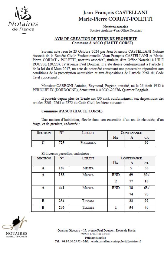 Avis de création de titre de propriété - Commune d'Ascu (Cismonte)