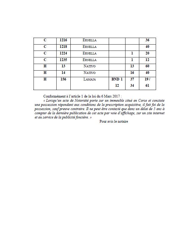 Avis de création de titre de propriété - Commune d'Ascu (Cismonte)