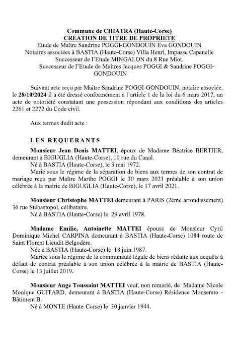 Avis de création de titre de propriété - Commune de Chjatra (Cismonte)