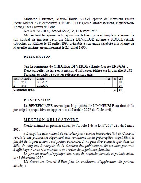 Avis de création de titre de propriété - Commune de Chjatra (Cismonte)