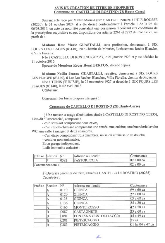 Avis de création de titre de propriété - Commune de Castellu di Rustinu (Cismonte)