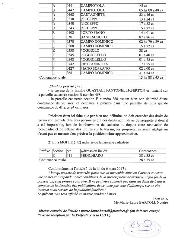 Avis de création de titre de propriété - Commune de Castellu di Rustinu (Cismonte)