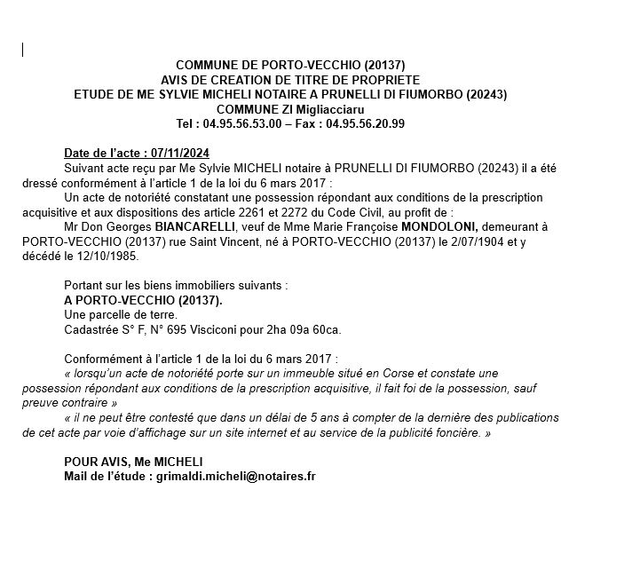 Avis de création de titre de propriété - Commune de Portivechju (Pumonti)