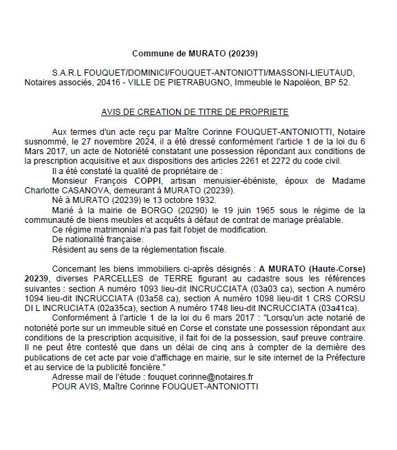 Avis de création de titre de propriété - Commune de Muratu (Cismonte)