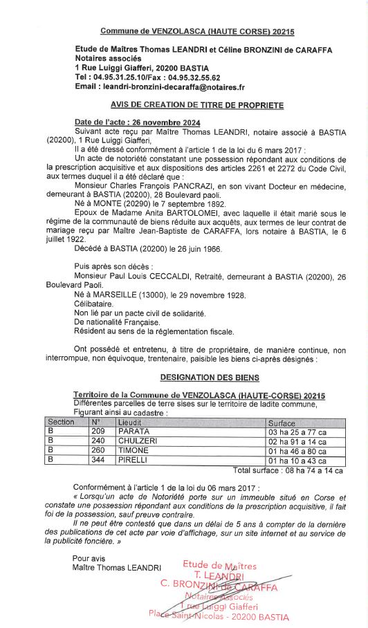 Avis de création de titre de propriété - Commune d'A Venzulasca (Cismonte)