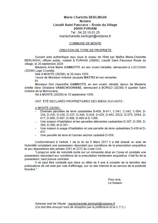 Avis de création de titre de propriété - Commune d'U Monte (Cismonte)