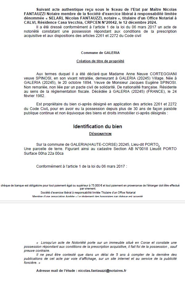 Avis de création de titre de propriété - Commune de Galeria (Cismonte)