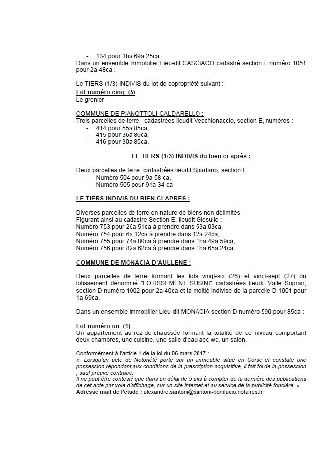 Avis de création de titre de propriété - Communes d'A Munacia d'Auddè, Auddè et Pianottuli è Caldareddu (Pumonti)