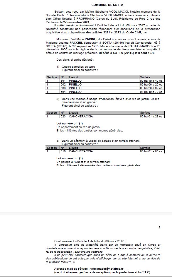 Avis de création de titre de propriété - Communes de Sotta (Pumonti)