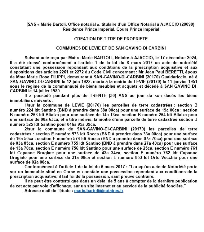 Avis de création de titre de propriété - Communes de Livia et San Gavinu di Carbini (Pumonti)