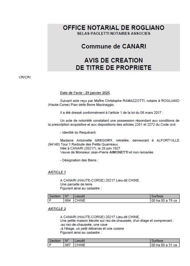 Avis de création de titre de propriété - Commune de Canari (Cismonte)