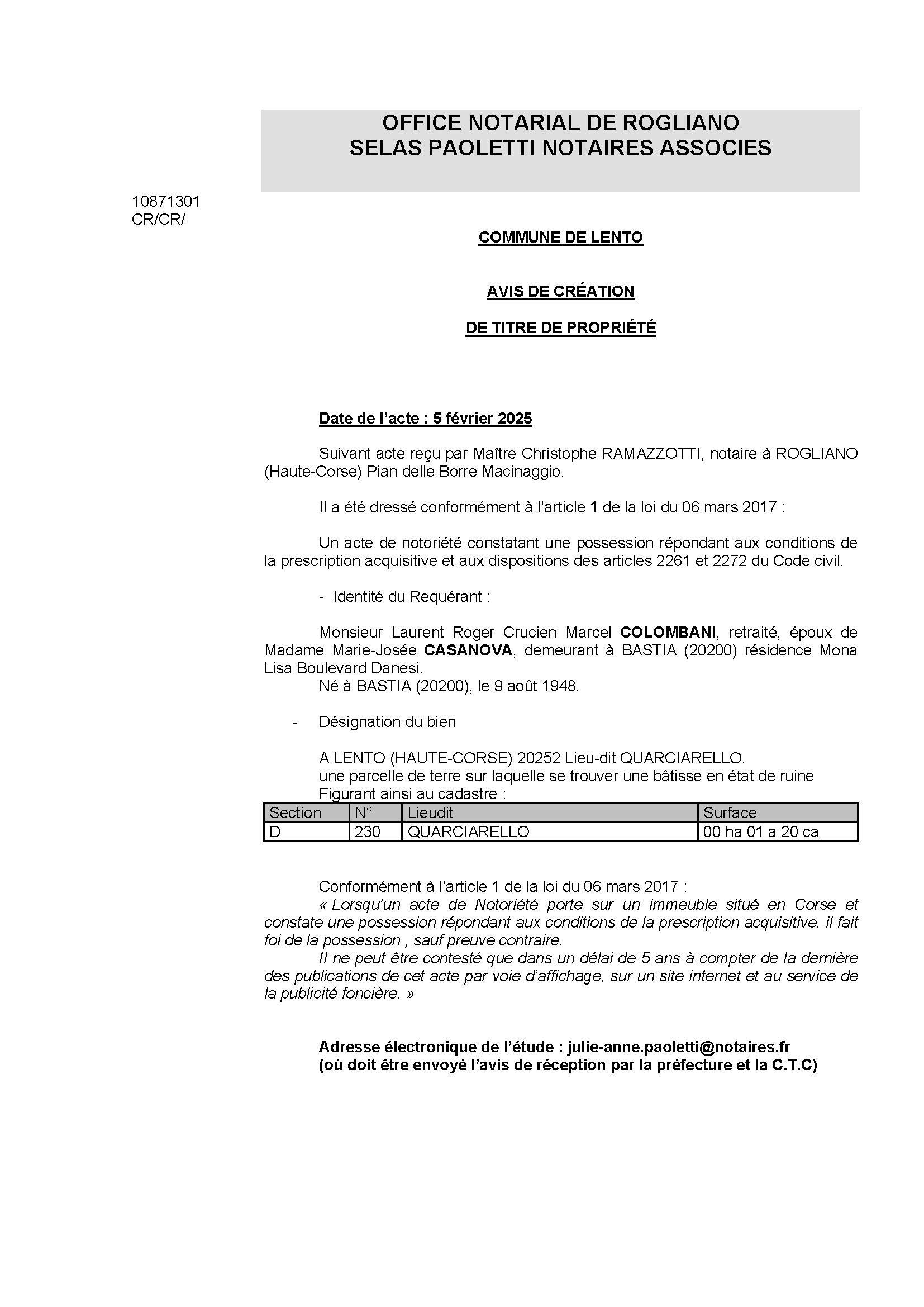 Avis de création de titre de propriété - Commune de Lentu (Cismonte)