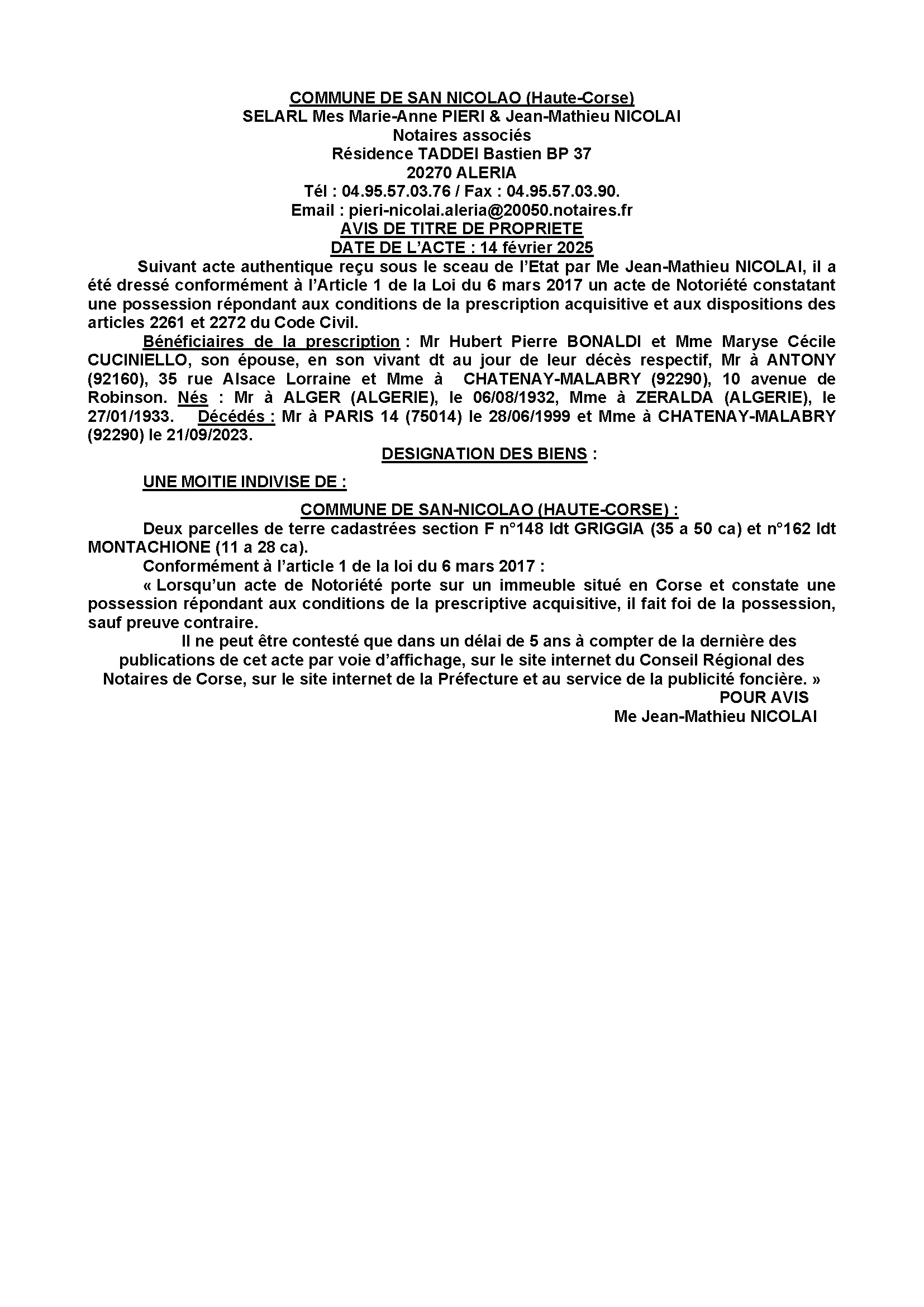 Avis de création de titre de propriété - Commune de Santu Niculaiu (Cismonte)