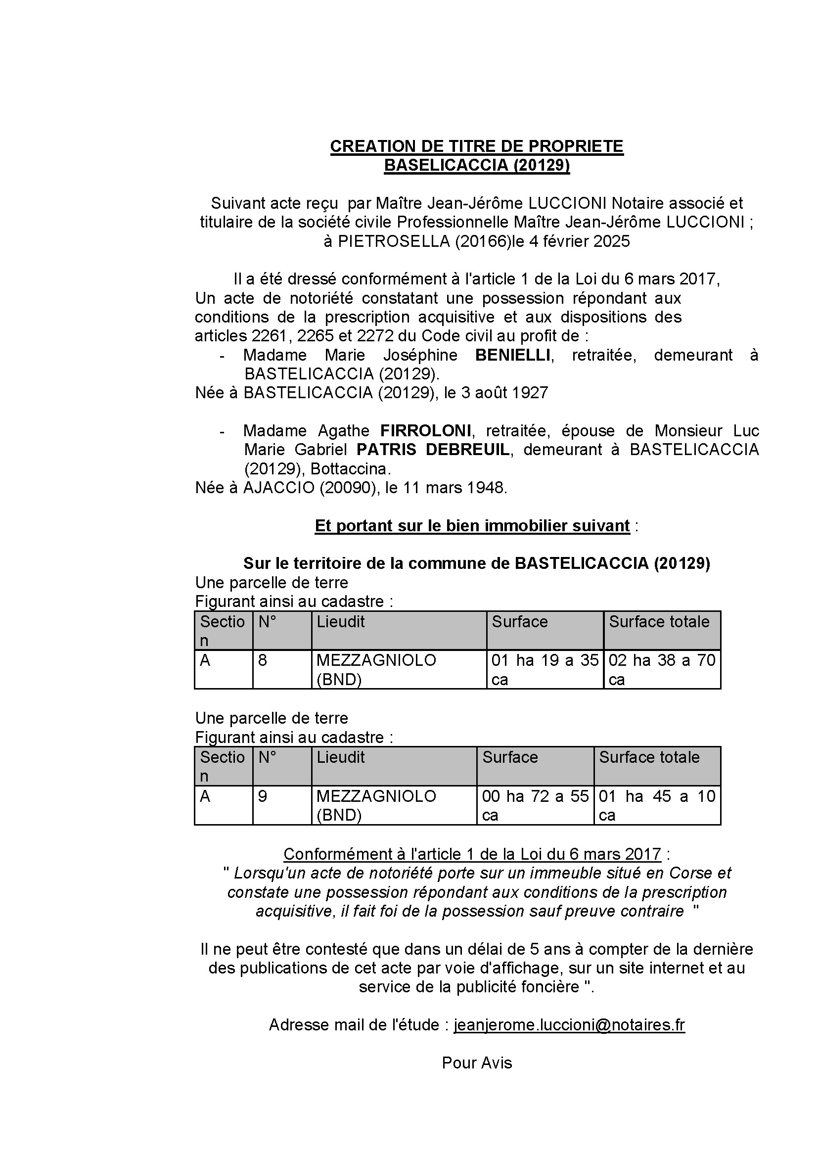 Avis de création de titre de propriété - Commune d'A Bastilicaccia (Pumonti)