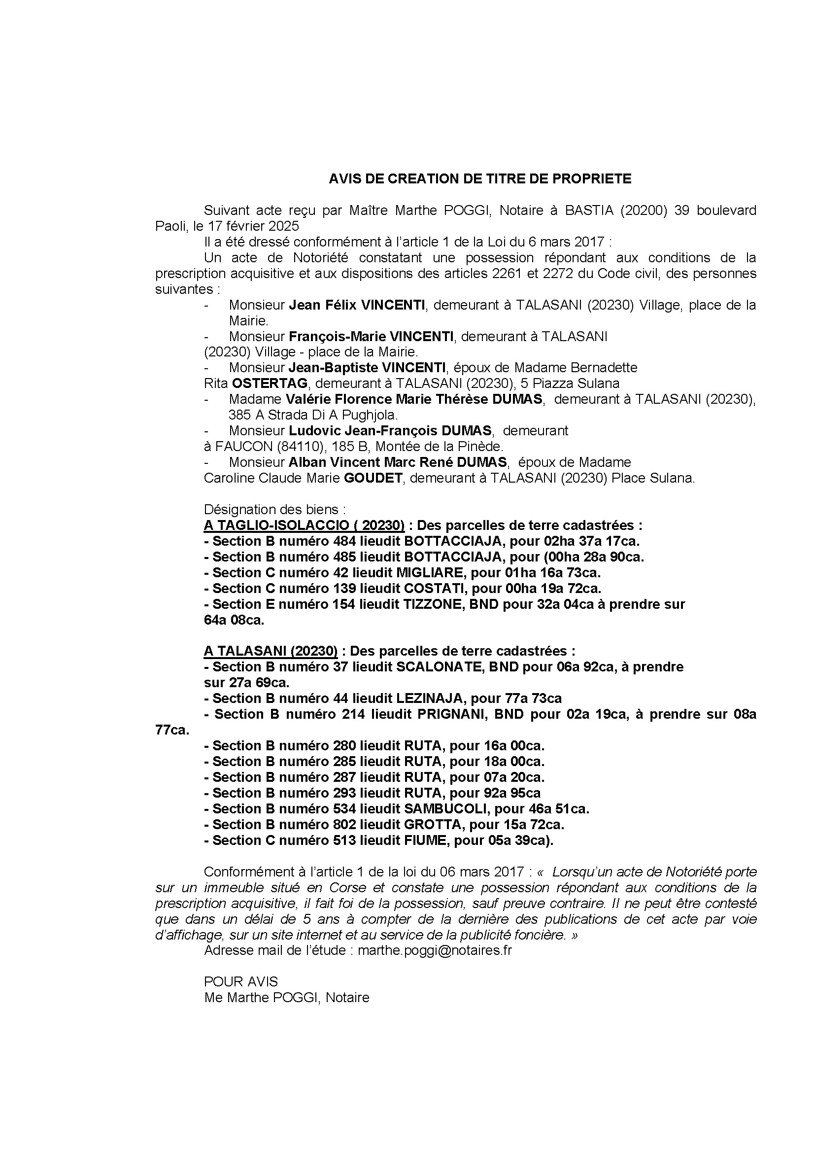 Avis de création de titre de propriété - Communes de Tagliu è Isulacciu et Talasani (Cismonte)