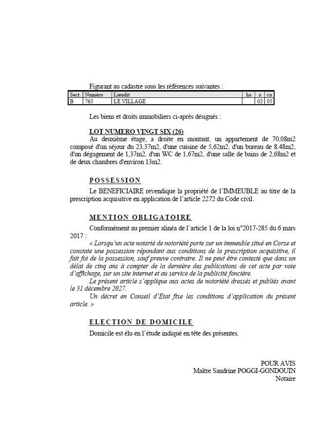 Avis de création de titre de propriété - Commune de Vivariu (Cismonte)