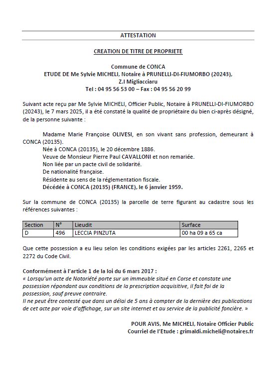 Avis de création de titre de propriété - Commune de Conca (Cismonte)