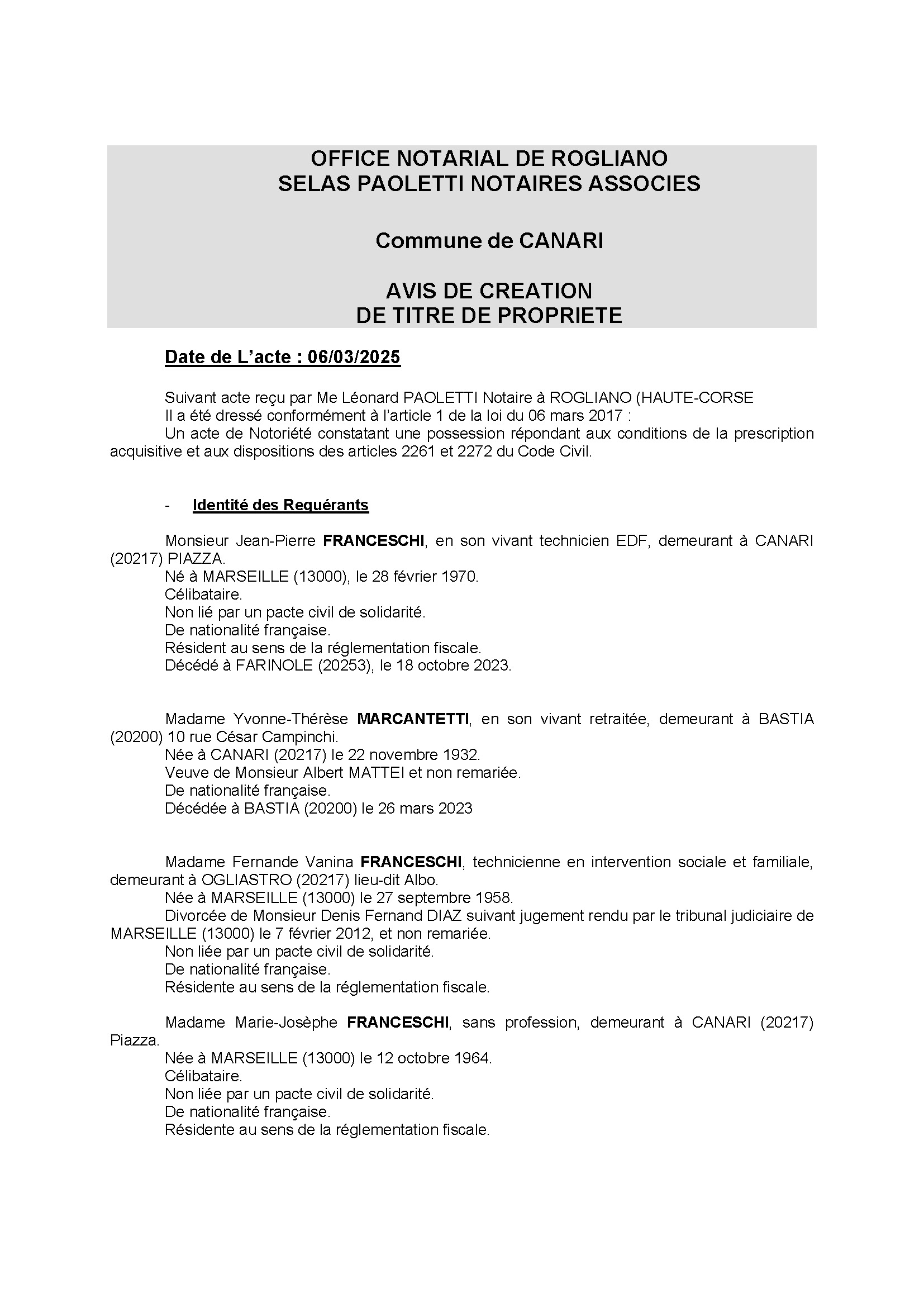 Avis de création de titre de propriété - Commune de Canari (Cismonte)